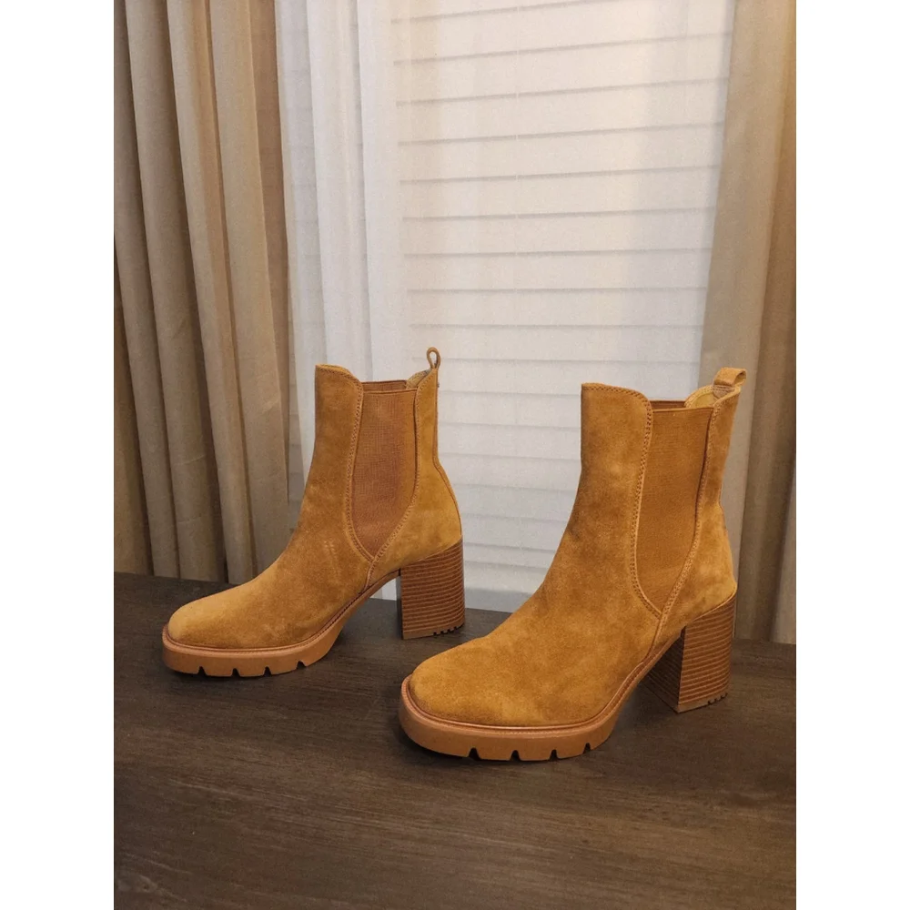 Sam Edelman Suede LEATHER Chelsea Pull On Lug Boots Booties 10.5 M Caramel Brown